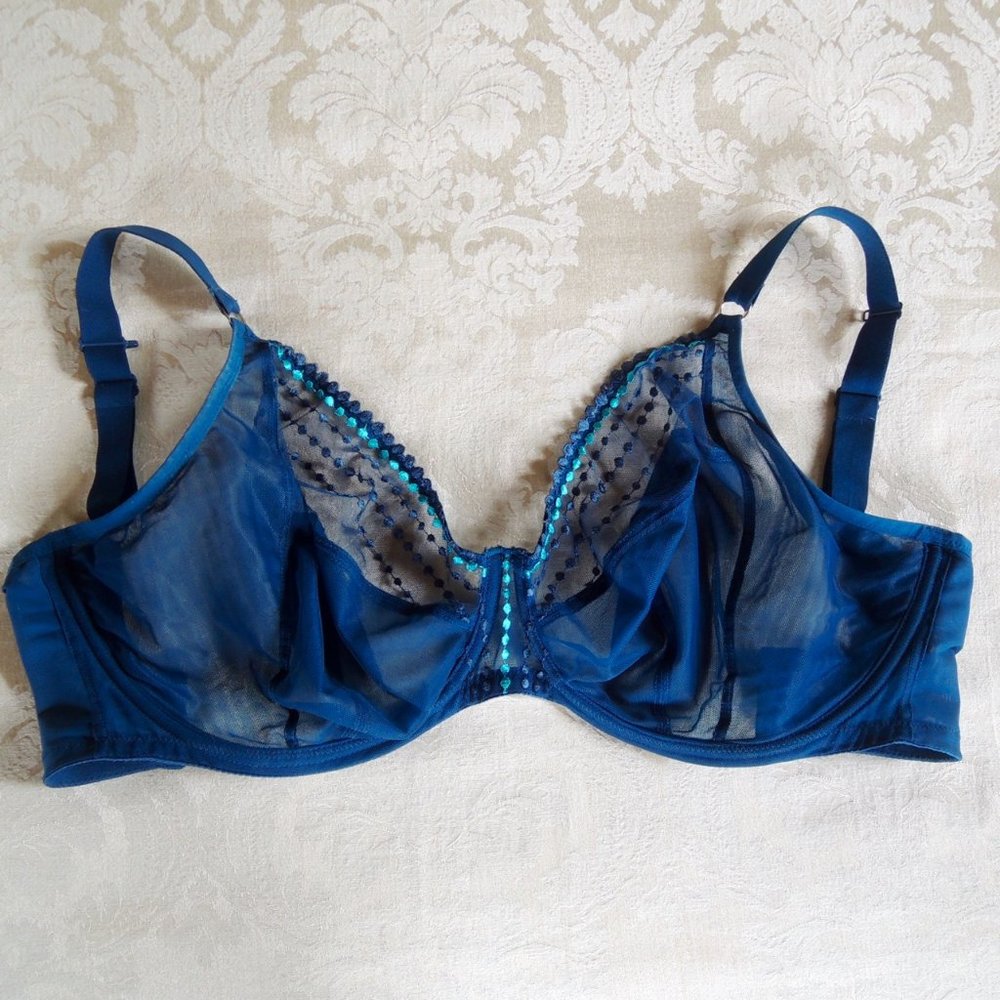 Elomi Matilda Blue Embroidered Underwire Mesh Plunge Bra 32N